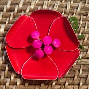 Vintage 1960’s Red Hot Pink Flower Brooch Pin Jewelry Retro Colorful Pop Art